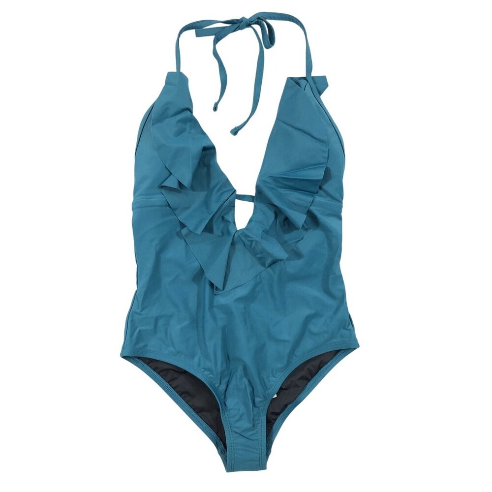 Coastal Blue Womens One Piece Swimsuit Ruffle Low Back Halter Teal Size XS